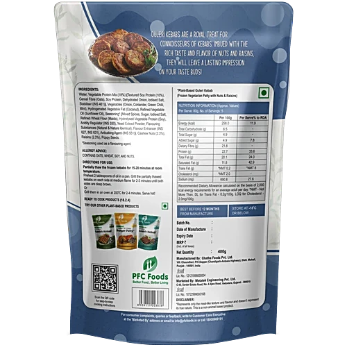 PFC Foods Plant Based Guleri Kebab Patty - Protein Rich, Ready To Cook, Frozen Vegetarian Snack, 400 g Pouch - Image 2